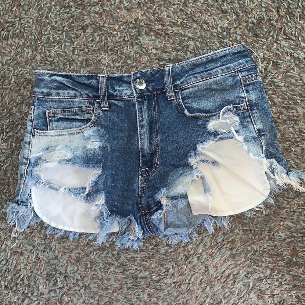 EXCELLENT DISTRESSED CONDITION WOMEN’S 6 AMERICAN EAGLE HI-RISE SHORTIE SHORTS - Picture 4 of 7